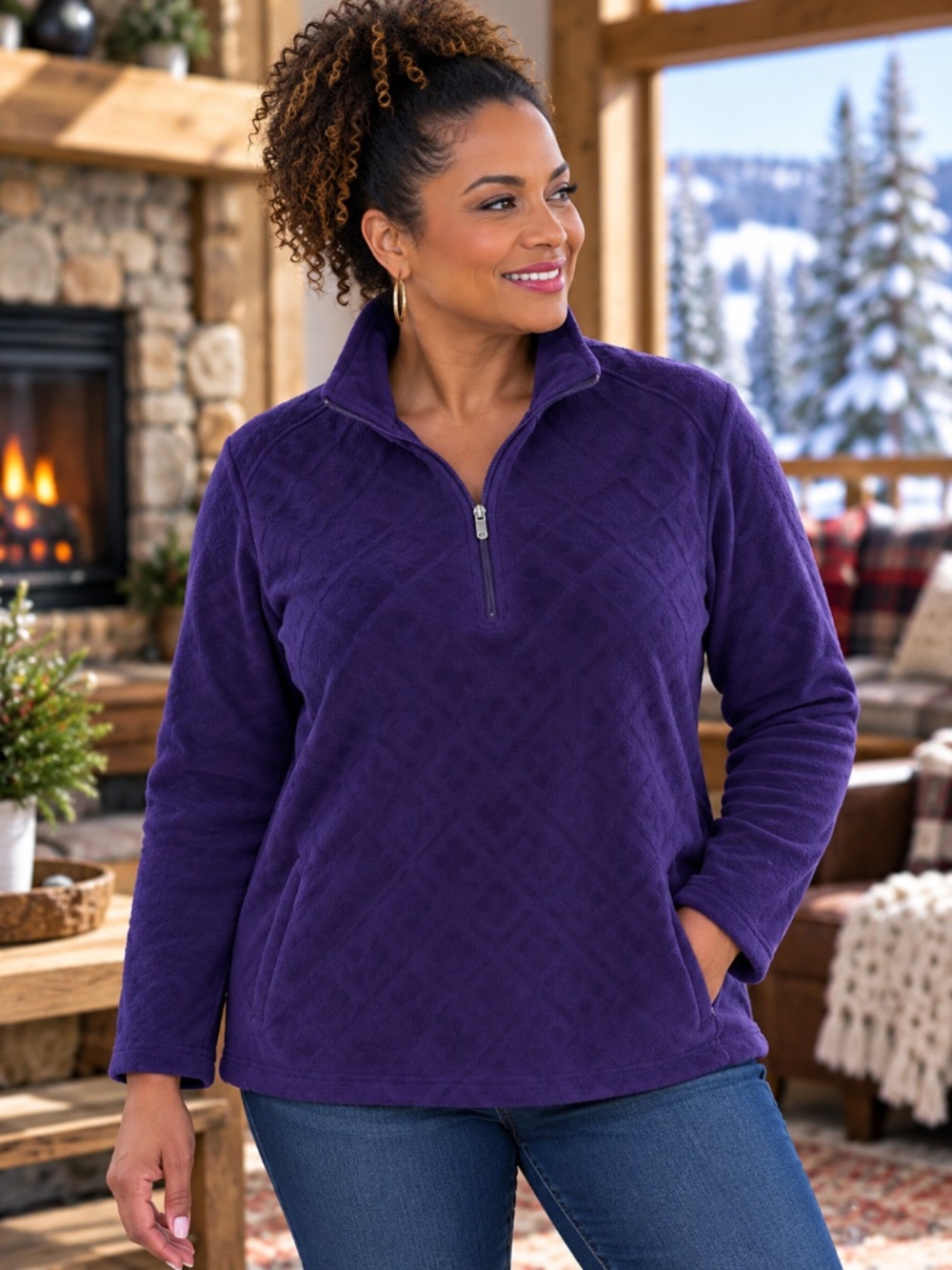 Lands’ End Women’s 2X Purple Textured Fleece Quarter Zip Pullover